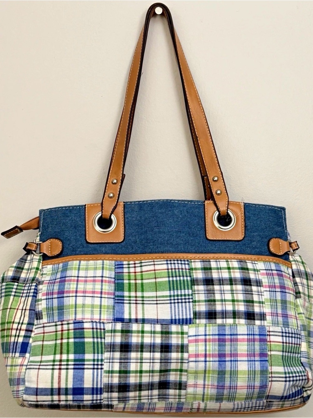Madras Patchwork Plaid Denim Shoulder Bag Heritage Nantucket Coastal Preppy
